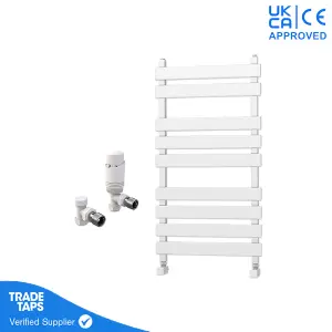 Designer Marvella White Flat Panel Towel Radiator Heated Ladder Rail - 950 x 500mm - Angled TRV Valve Pair