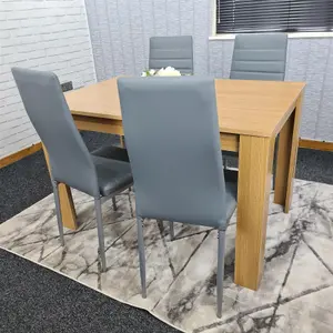 Dining Table and 4 Chairs Oak Effect Wood 4 Grey Leather Chairs Dining Room