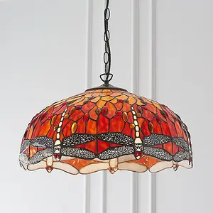 Luminosa Dragonfly Tiffany 3 Light Large Ceiling Pendant Bronze, Red