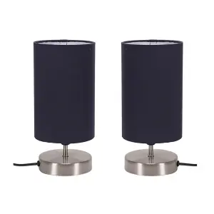 ValueLights Francis Pair - Brushed Chrome Cylinder Touch Dimmer Table Lamp with Navy Blue Fabric Shade Bedside Light