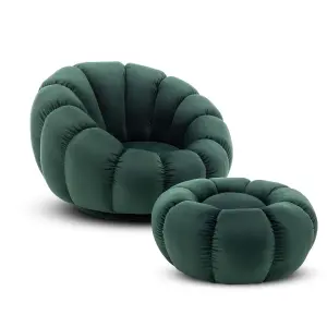 Velvet Bottle Green Mirielle Swivel Accent Chair with Footstool