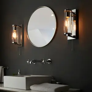 Chrome Bathroom Wall Light & Cylinder Glass Shade - IP44 Rated - Modern Sconce