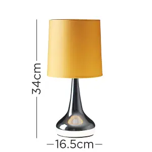 ValueLights Pair Of Silver Chrome Teardrop Touch Bed Side Table Lamps With Mustard Fabric Shades