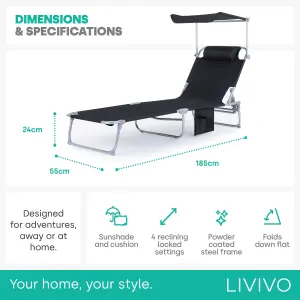 FOLDING SUN LOUNGER WITH SUN SHADE - BLACK