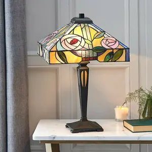 Tiffany Glass Table Lamp Light Dark Bronze & Multi Colour Rose Shade i00234