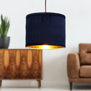 First Choice Lighting Set of 2 Sundance Navy Blue Velvet Pleated 25cm Lamp Shades with Gold Inner