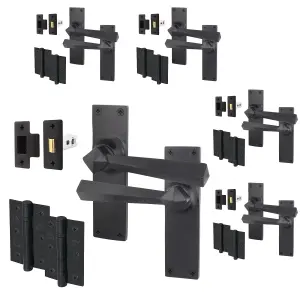 AFIT Black Iron Door Handle Latch Set - 5 Pairs of Black Antique Internal Handles, Hinges 76mm & Latches 64mm - Tudor Range