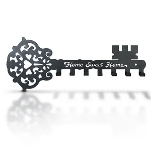 Key-Shaped Wall Mounted Key Hanger with 7 Hooks - Black Decorative Metal Novelty Key Holder for Home, Entryway, Hallway, Office