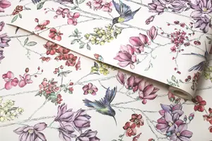 Holden Decor Glitter Humming Bird White/Multi Floral Bird Smooth Wallpaper