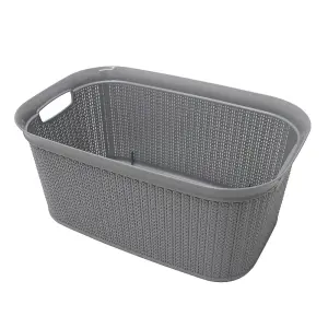 JVL Knit Design Loop Plastic Rectangular Linen Washing Basket with Handles, Grey