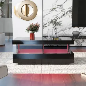 Coffee Table for Living Room, High Gloss Tea Table with 16-Color LED Lights, 2 Drawers and Open Storage Space,  Black