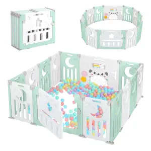 12+2 Panel Baby Foldable Playpen with Safety Gate 25 Sq.ft - Green White