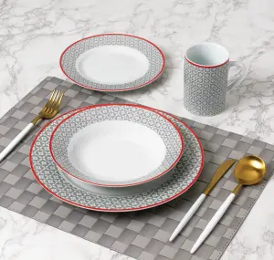 24pc Graphite Grey with Red Trimmed Dinner Set