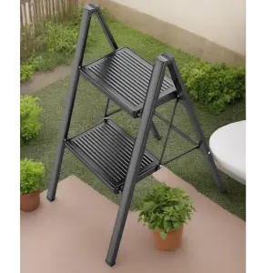 Black 2 Step Ladder Folding Metal Non Slip Stool Heavy Duty Carbon Steel