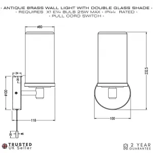 Contemporary Double Glass and Antique Brass Metal Bathroom Wall Lamp IP44 Rated