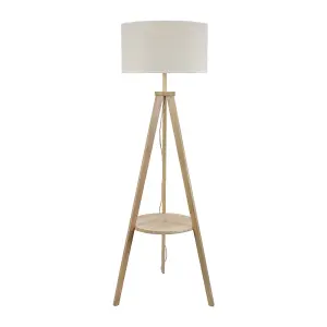 ValueLights Morrigan Wooden Tripod Floor Lamp with Linen White Trim Drum Shade and LED Bulb