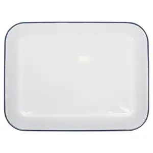 White Rectangle Enamel Baking Tray - 34cm x 26cm - Blue