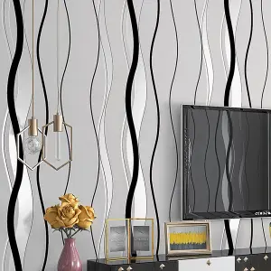 Sliver Grey Wave Striped Non Woven Geometric Patterned Wallpaper L 950 cm