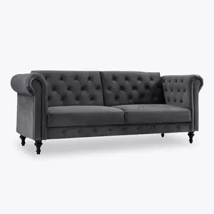 Calgary Velvet Sofa Bed Chesterfield Style 3 Seater Sofa Button Design, Dark Grey