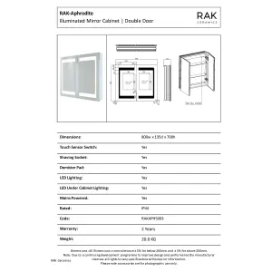 RAK Aphrodite 800x700mm Silvery White Square with Touch Sensor Illuminated Mirror IP44