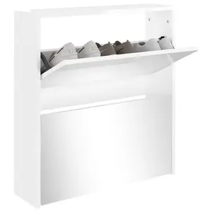 Berkfield Shoe Cabinet with Mirror 2-Layer High Gloss White 63x17x67 cm