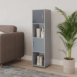 URBNLIVING 119cm Height 4 Cube Bookcase Grey Wooden Door Metal Handle Display Storage Shelf