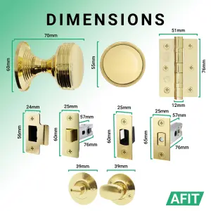 AFIT Lined Door Knob Set Polished Brass - 1 Pair of Mortice Knobs 55mm, Latch & Deadbolt Kit 76mm, Hinges 76mm & Turn & Release