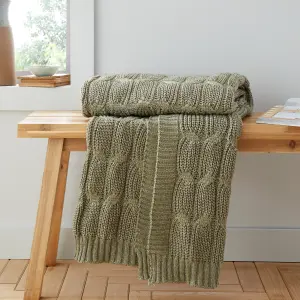 Catherine Lansfield Chunky Marl Knit Cosy 130x170 cm Blanket Throw Olive Green