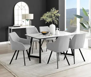 Furniturebox UK Carson White Marble Effect Dining Table & 6 Light Grey Falun Black Leg Chairs