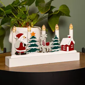 28cm Battery Operated Light up White Wooden Christmas Candle Bridge with Santa Scene and 5 LEDs