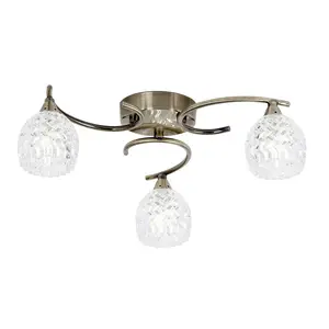 Luminosa Boyer 3 Light Semi Flush Multi Arm Ceiling Light Antique Brass, Glass, G9