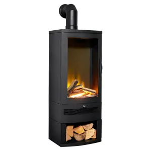 Acantha Horizon Electric Stove with Log Storage & Angled Stove Pipe in Black