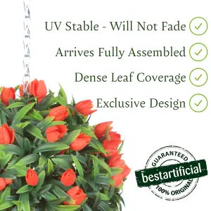 Pair of Best Artificial 24cm Orange Lush Tulip Hanging Basket Flower Topiary Ball - Weather & Fade Resistant