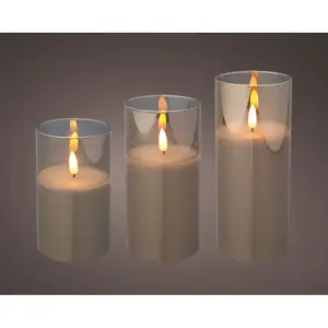 3 Smoky Glass LED Candles With Timer Warm White Candle Lights Realistic 7.5cm Wide