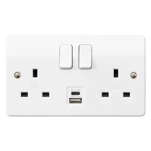 MK White Double 13A Raised slim Switched Screwed Socket with USB, x2