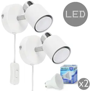 ValueLights Benton Pair of White Indoor Wall Spotlights and GU10 Spotlight LED 5W Warm White Bulbs