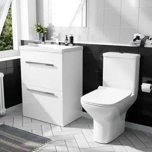 Nes Home 600mm Floorstanding 2 Drawer Vanity Basin Unit & Rimless Close Coupled Toilet White