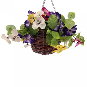 Oypla Artificial Garden Hanging Wicker Basket with Multicoloured Pansy Flowers