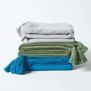 Homescapes Cotton Rajput Ribbed Teal Throw, 255 x 360 cm