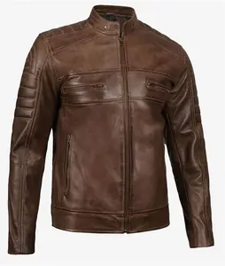 Coffee Brown Leather Jacket - Cafe Biker Leather Racer Jacket Mens