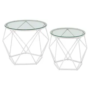 Alieya Round Coffee Tables, Set Of 2 Side Tables, Modern Style, Removable Tabletop, Steel Frame, For Living Room,Transparent-Cloud White