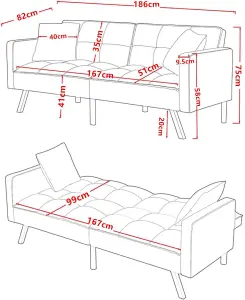 Sofa Bed 2 Seater Grey Velvet Click Clack Sofa Settee Recliner Couch with Metal Legs with 2 Pillows