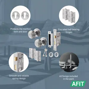 AFIT Beehive Key Lock Door Knob Set Satin Chrome - 1 Pair of Reeded Mortice Knobs (55mm), Sash Lock (80mm) & Hinges (76mm)