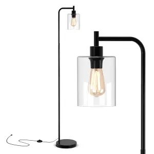 COSTWAY Industrial Floor Lamp Standing Lamp with Hanging Glass Lampshade & Foot Switch Black