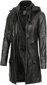 Womens Leather Coat With Hood | Black 3 4 Length Leather Jacket