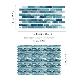 Walplus Mother Pearl Turquoise Jewel Long Mosaic Wall 2D Tile Stickers 11.2 x 5.5 inches / 28.5 x 14 cm 12 Pcs