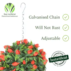 Pair of Best Artificial 24cm Orange Lush Tulip Hanging Basket Flower Topiary Ball - Weather & Fade Resistant