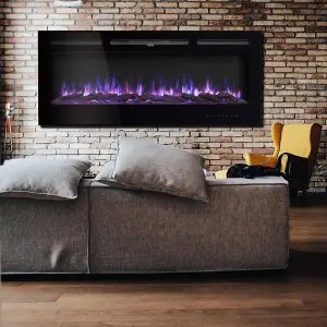 Black Electric Fire Wall Mounted or Inset Fireplace 12 Flame Colors with Remote Control 50 Inch