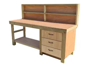 Wooden Eucalyptus top tool cabinet workbench with storage shelf (V.7)  (H-90cm, D-70cm, L-210cm) with back panel