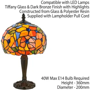 Tiffany Glass Table Lamp Light Dark Bronze & Multi Colour Floral Shade i00212